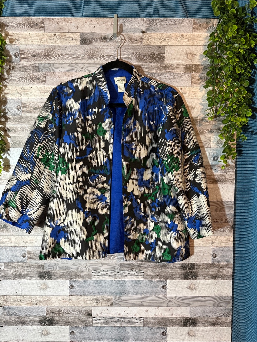Chico's Blue, Black & Green Floral Open Jacket